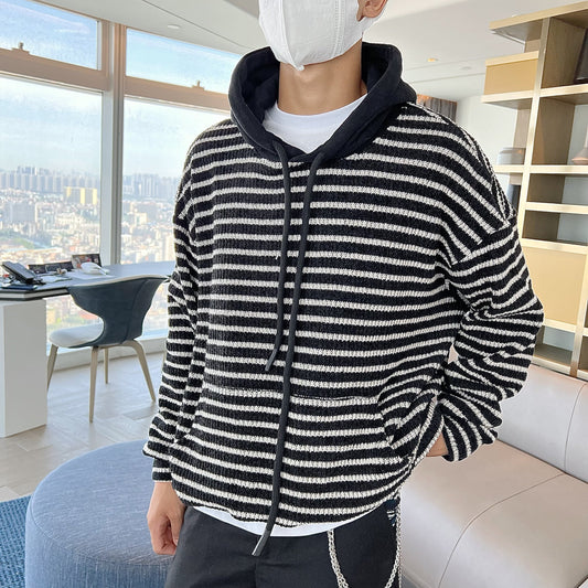 RT No. 5257 KNITTED TWO TONE STRIPED PULLOVER HOODIE