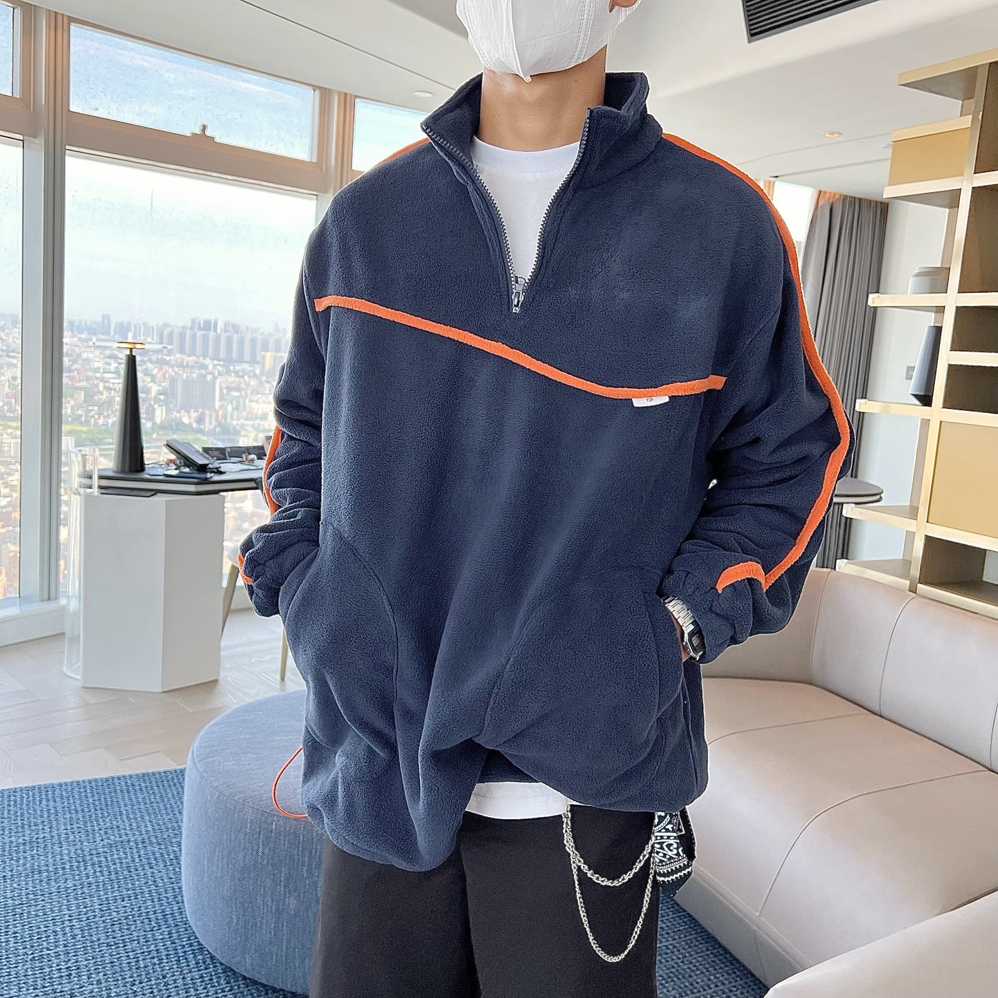 RT No. 5255 FLEECE ORANGE STRIPE QUARTER ZIP SWEATER