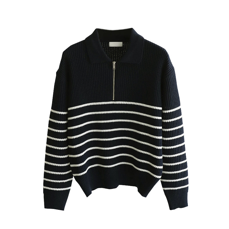 RT No. 5400 KNITTED BLACK STRIPED HALF-ZIP SWEATER