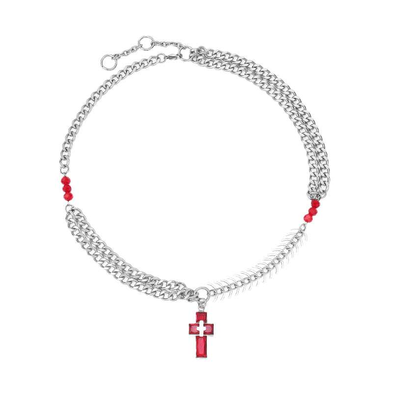 RED CROSS CHAIN FISHBONE NECKLACE